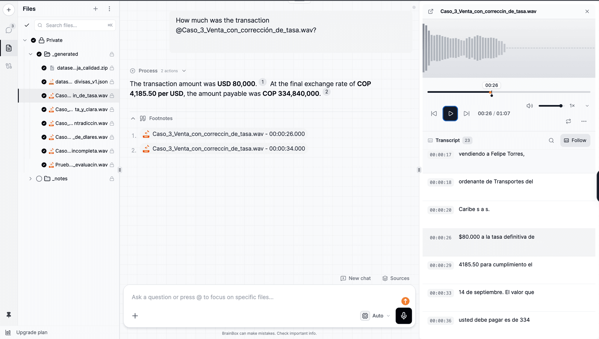 BrainBox answering a question about a WAV file: the answer carries numbered citations, the Footnotes list shows the file and the exact second (00:00:26 and 00:00:34), and the player on the right shows the transcript with timestamps and the active line